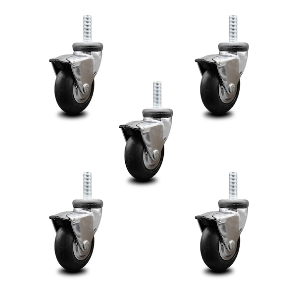 Service Caster 3 Inch Hooded Neoprene Rubber 5/16 Inch Threaded Stem Casters with Brakes, 5PK SCC-TS03S310-NPRB-BC-B-5161815-5 - main